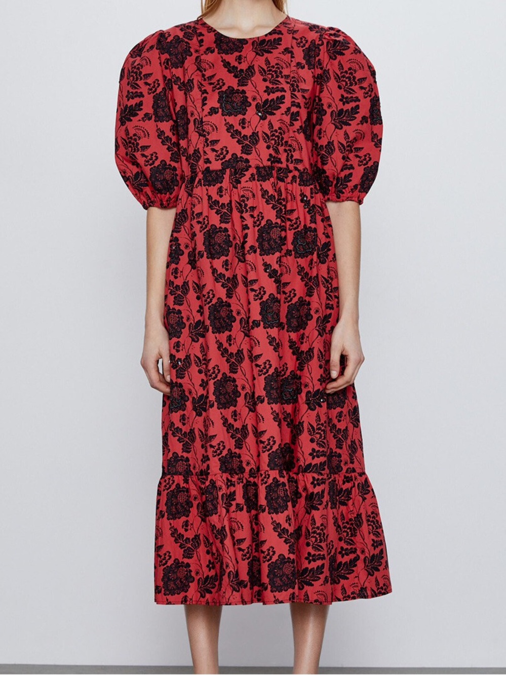 Zara Red Midi Dress with Black Floral Print